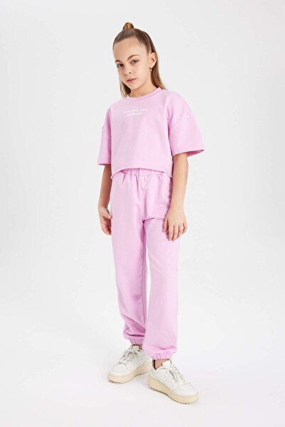 DeFacto Kız Çocuk 2li Takım Baskılı Kısa Kollu Tişört Eşofman Altı B6786A824SM