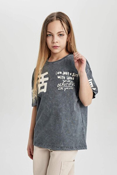 DeFacto Girls' Relax Fit Crew Neck Printed Washed Faded Effect Short Sleeve T-Shirt C1203A824Sm