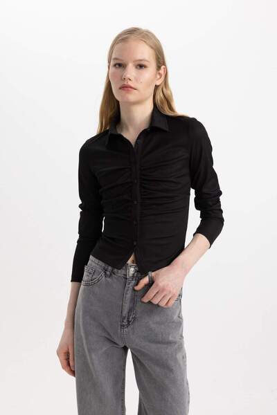 DeFacto Slim Fit Dar Kesim Polo Yaka Basic Düz Fitilli Kaşkorse Uzun Kollu Tişört C1326AX24SP