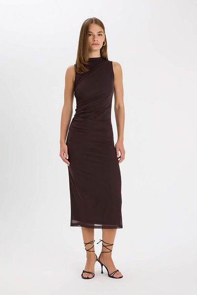 DeFacto Bodycon Bodycon Poloviční rolák Basic Plain Tyl Maxi večerní šaty bez rukávů C3519AX24SP