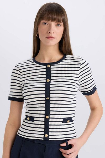 DeFacto Tricou cu mânecă scurtă, cu decolteu, cu dungi, cu mânecă scurtă, C2566AX24SP