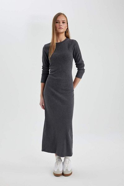 DeFacto Bodycon Crew Neck Ribbed Camisole Maxi Long Sleeve Washed Pale Effect Dress C1652ax24sp
