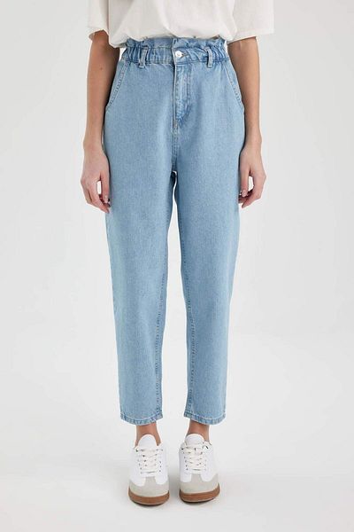 DeFacto Paperbag Talie înaltă Decoltare lejeră Lungime la gleznă Pantaloni de jeans ușori cu picioare drepte B8223AX24SP