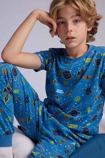 DeFacto Chlapecký pyžamový set Crew Neck Vzorovaný Krátký rukáv Top Dlouhý Spodní C0838A824SP
