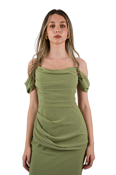 AYSHAN Şifon Pliseli Haki Abiye Elbise