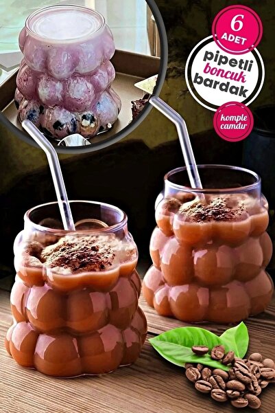 Rosemor 6'lı Boncuklu Pipetli Cam Bardak Üzüm Tanesi Şeklinde 350 Ml.