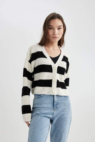DeFacto Relax Fit Striped V-Neck Knitwear Cardigan C2050Ax24Sp