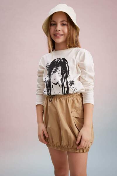 DeFacto Κοριτσίστικο μακρυμάνικο μπλουζάκι με στάμπα με φαρδύ λαιμόκοψη C0246A824SP