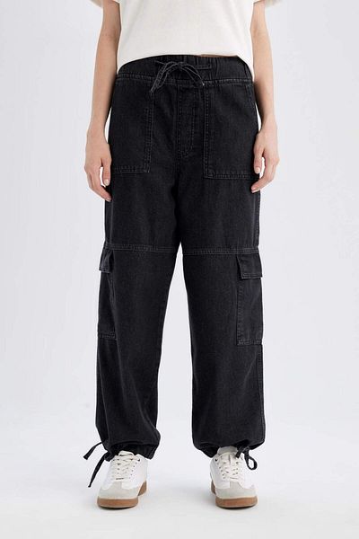 DeFacto Cargo Jogger Pantaloni lavabili cu talie înaltă, cu șireturi, până la glezne, B9318AX24SP