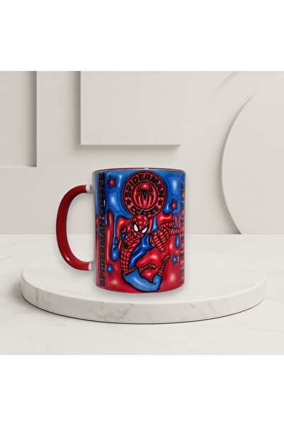 Solid Baskı Stüdyosu Örümcek Adam Kupa Bardak - Sapı ve İçi KırmızıModern Tas...