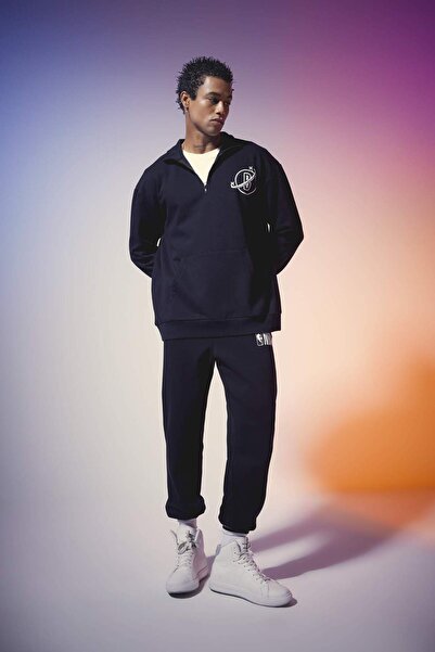 DeFacto Fit Nba Brooklyn Nets Oversize Φαρδιά Εφαρμογή με φερμουάρ όρθιο γιακά πίσω φούτερ με στάμπα B3899ax