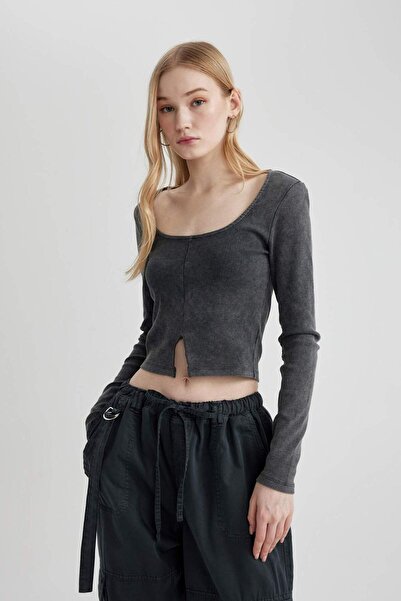 DeFacto Cool Fitted μακρυμάνικο πλενόμενο μπλουζάκι με εφέ C2095AX24SP