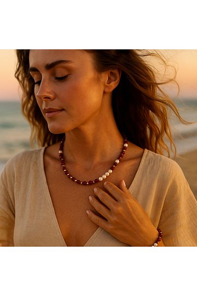 Asteria Elite Real Pearl Coral Emotional Balance and Evil Eye Protection Necklace Bracelet Set