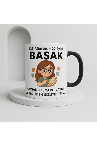 Solid Baskı Stüdyosu Porselen Kupa Bardak - Başak Burcu Temalı Siyah Kulplu N...