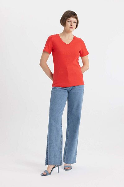 DeFacto V-Neck Slim Fit Rib T-Shirt - 100% Cotton, Short Sleeve I1080Az24Sm