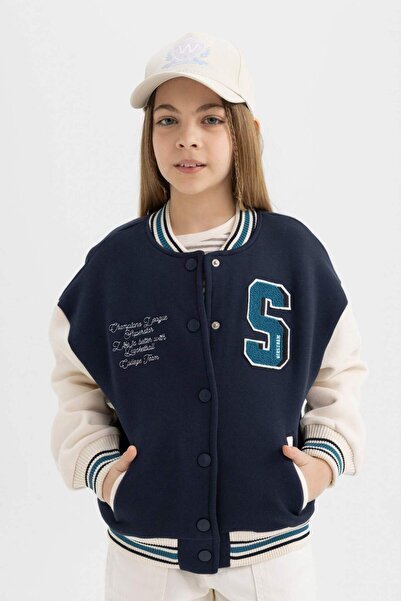 DeFacto Cardigan pentru fete, guler de colegiu, închidere cu capse, buzunare ...