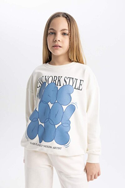 DeFacto Kız Çocuk Oversize Geniş Kalıp Bisiklet Yaka Baskılı Sweatshirt C0080A824SP