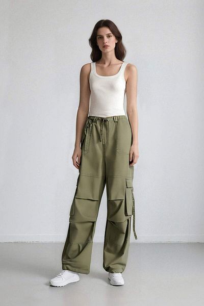 DeFacto Wide Leg Gabardine Trousers - Straight Lace-Up, Regular Waist, Cargo Pocket B1205Ax24Sp