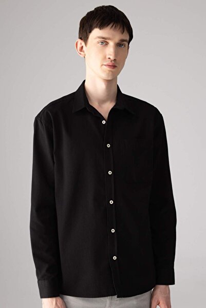 DeFacto %100 Pamuk Relax Fit Polo Yaka Gabardin Uzun Kollu Siyah Gömlek C1477AX24SP