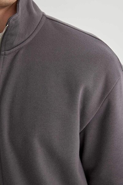 DeFacto Comfort Regular Fit Rahat Kalıp Dik Yaka Cepli Basic Düz Fermuarlı Sweatshirt A5276AX24SP
