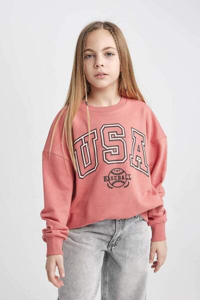 DeFacto Kız Çocuk Oversize Geniş Kalıp Bisiklet Yaka Baskılı Sweatshirt C0571A824SP
