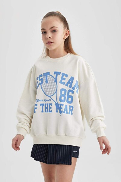 DeFacto Kız Çocuk Oversize Geniş Kalıp Bisiklet Yaka Baskılı Sweatshirt B9687A824SP