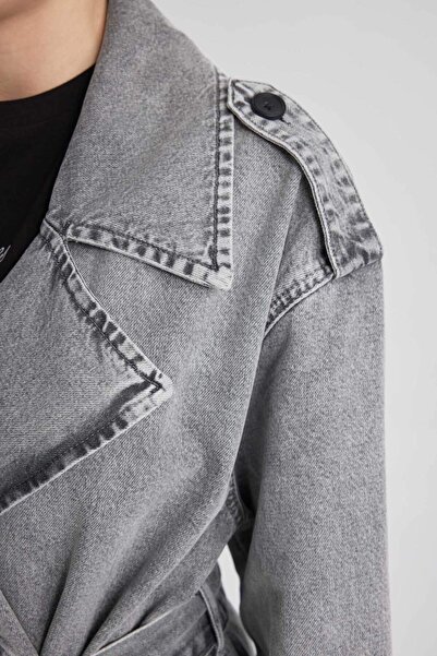 DeFacto Trench lung din blugi cu centură cu nasturi și guler cu curea B7885AX24SP