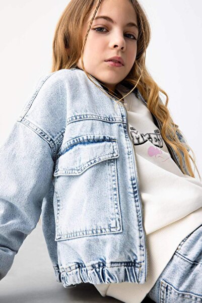 DeFacto Girls' College Collar Zipper Pocket Seasonal Lightweight Jean Bomber Jacket B9854A824Sp