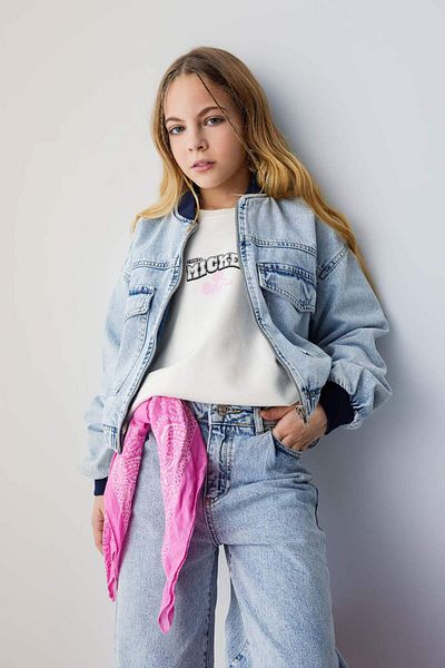 DeFacto Girls' College Collar Zipper Pocket Seasonal Lightweight Jean Bomber Jacket B9854A824Sp