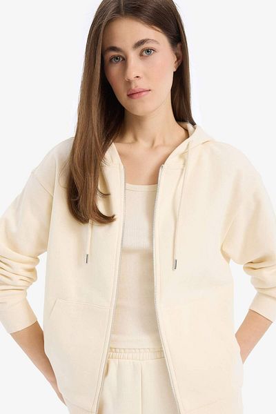 DeFacto Relax Fit Hooded Pocket Basic Plain Zippered Sweatshirt C1809Ax23Wn