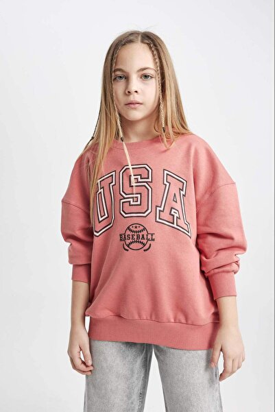DeFacto Kız Çocuk Oversize Geniş Kalıp Bisiklet Yaka Baskılı Sweatshirt C0571A824SP