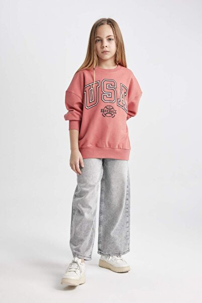 DeFacto Kız Çocuk Oversize Geniş Kalıp Bisiklet Yaka Baskılı Sweatshirt C0571A824SP
