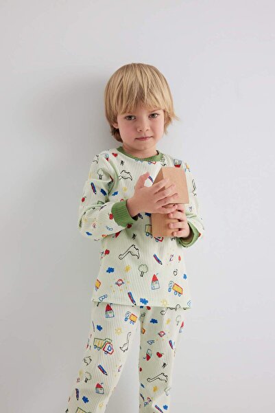 DeFacto Gemustertes Langarm-Pyjama-Set für Babys mit geripptem Leibchen B8783A524SP