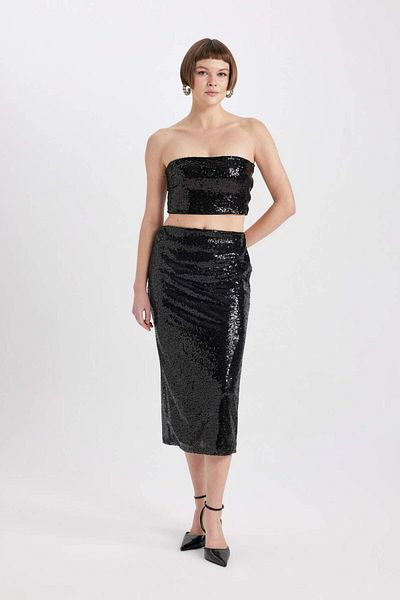 DeFacto Slim Fit Tight-Fitting Strapless Sequined Fabric Blouse B7637Ax23Wn