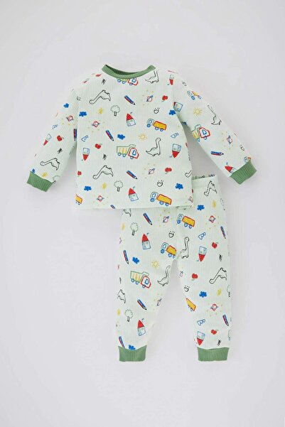 DeFacto Gemustertes Langarm-Pyjama-Set für Babys mit geripptem Leibchen B8783A524SP