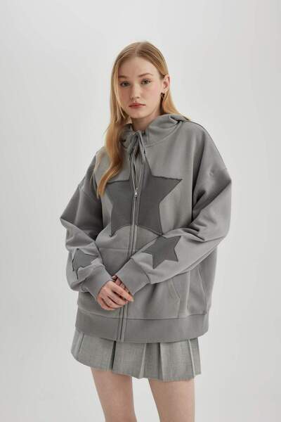 DeFacto Hanorac cu glugă cu fermoar imprimat Coool Oversize Fit B9428AX23WN