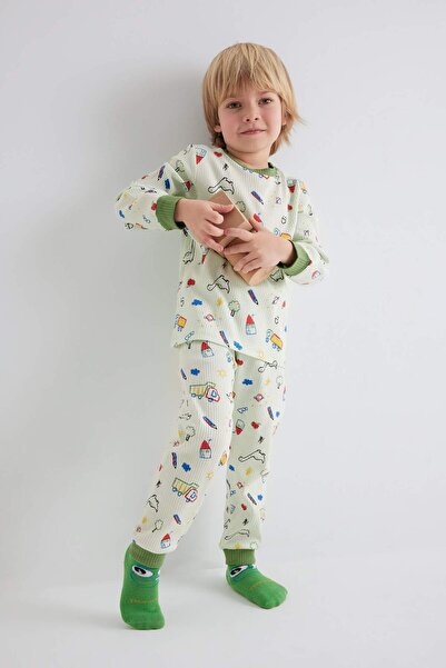 DeFacto Gemustertes Langarm-Pyjama-Set für Babys mit geripptem Leibchen B8783A524SP