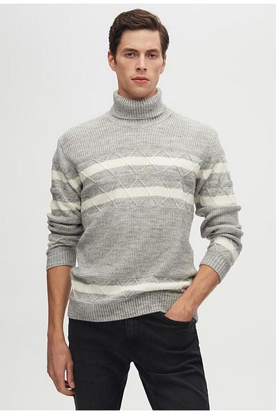 D'S Damat Gray Melange Striped - Non-Pilling Turtleneck Sweater