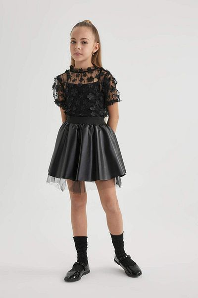 DeFacto Girl's Christmas Themed Tulle Short Sleeve T-Shirt B3867A823Wn