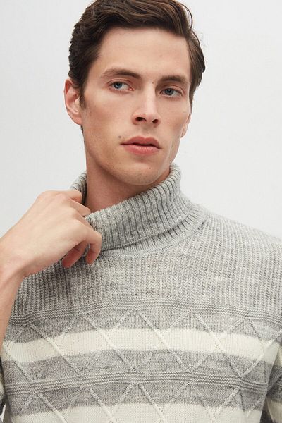 D'S Damat Gray Melange Striped - Non-Pilling Turtleneck Sweater