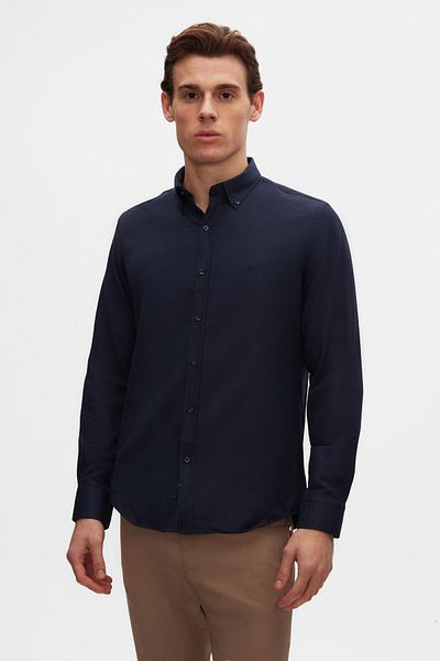 D'S Damat Slim Fit Marineblaues Oxford-Hemd mit Knopfkragen, leicht zu bügeln, Baumwollhemd mit Stickerei-Detail