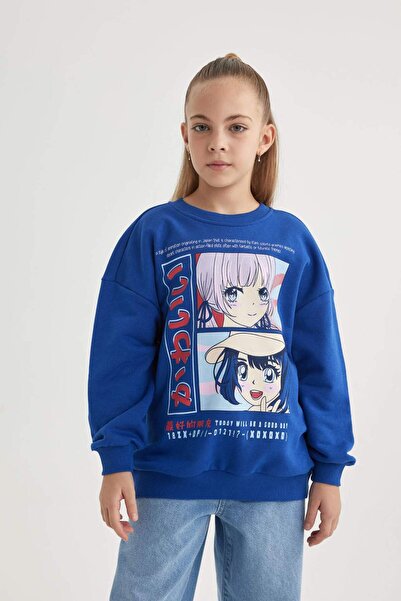 DeFacto Kız Çocuk Relax Fit Bisiklet Yaka Baskılı Sweatshirt B4673A823WN