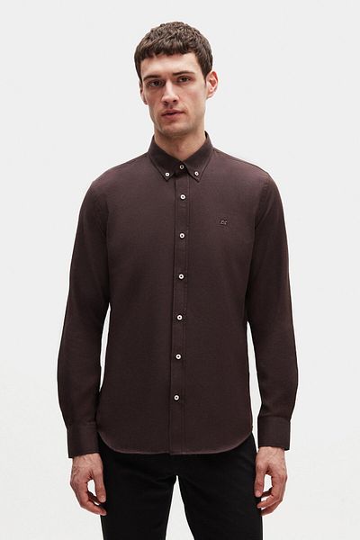 D'S Damat Ds Damat Slim Fit Bitter Coffee Oxford Button Collar Easy-Iron Embroidery Detailed Cotton Shirt