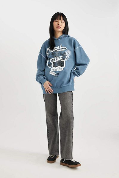 DeFacto Coool Oversize Wide Fit Printed Hooded Thick Washed Faded Effect Sweatshirt B8660Ax23Wn