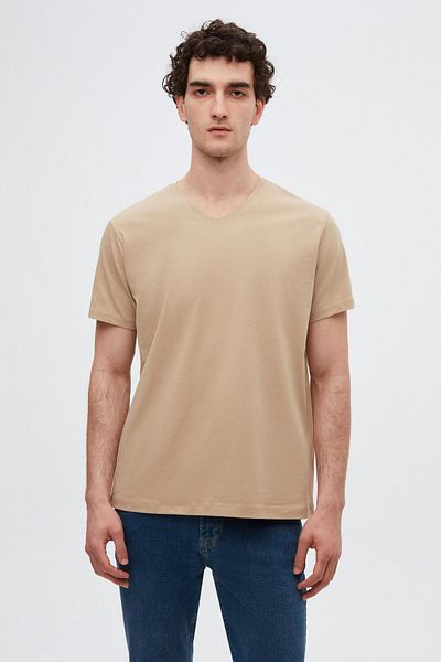 D'S Damat Ds Damat Slim Fit Beige V-Neck 100% Cotton T-Shirt