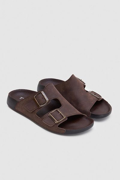 Twn Brown Double Buckle Slippers