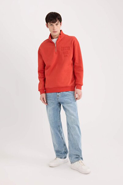 DeFacto Comfort Regular Fit Άνετη εφαρμογή με γιακά με φερμουάρ εμπριμέ φούτερ B0254AX23WN