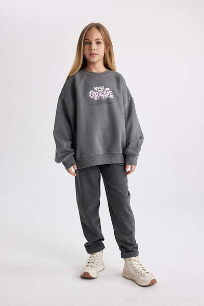 DeFacto Girls Oversize Wide Fit Crew Neck Printed Soft Furry Thick Sweatshirt B2509A823Wn