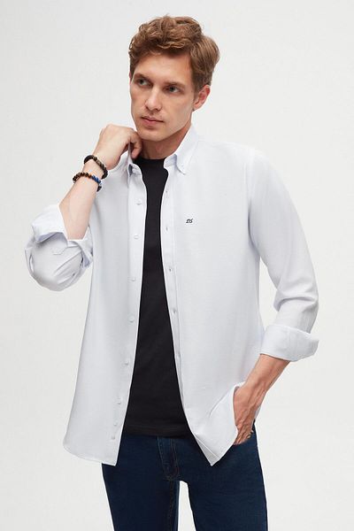 D'S Damat Ds Groom Slim Fit Light Blue Oxford Button Collar Easy-Iron Embroidery Detailed Cotton Shirt