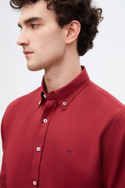 D'S Damat Ds Damat Slim Fit Bordo Oxford Düğmeli Yaka Kolay Ütülenebilir Nakış Detaylı Pamuklu Gömlek